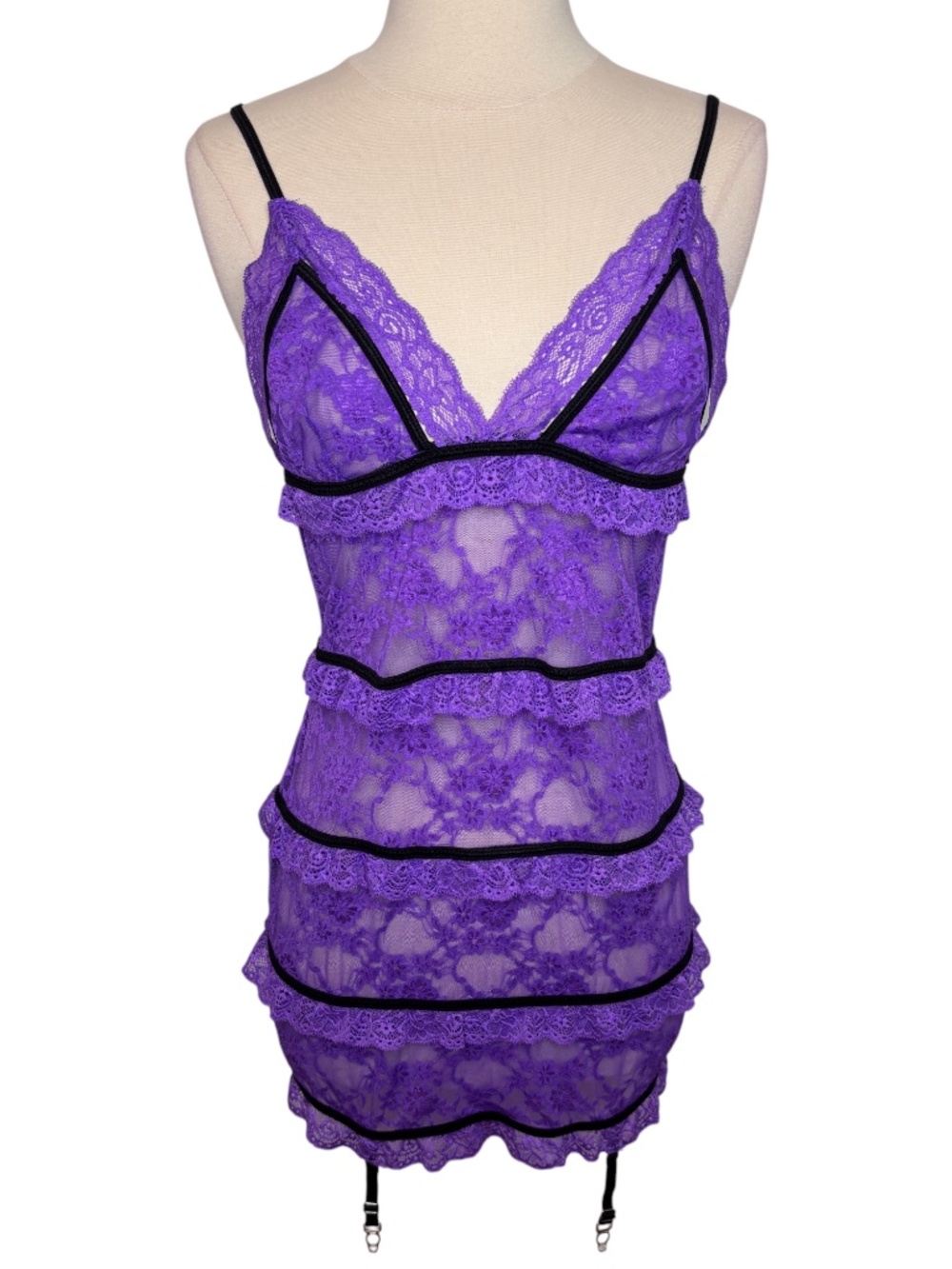 Shirley of Hollywood Purple Sheer Lace Open Back Garter Straps Lingerie Size L